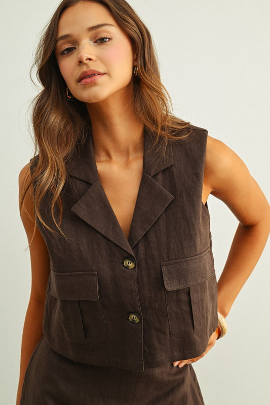 Sleeveless Linen Cargo Vest Brown