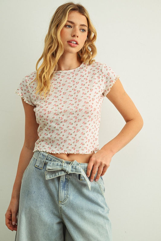 Floral Printed Short Sleeve Crop Top White