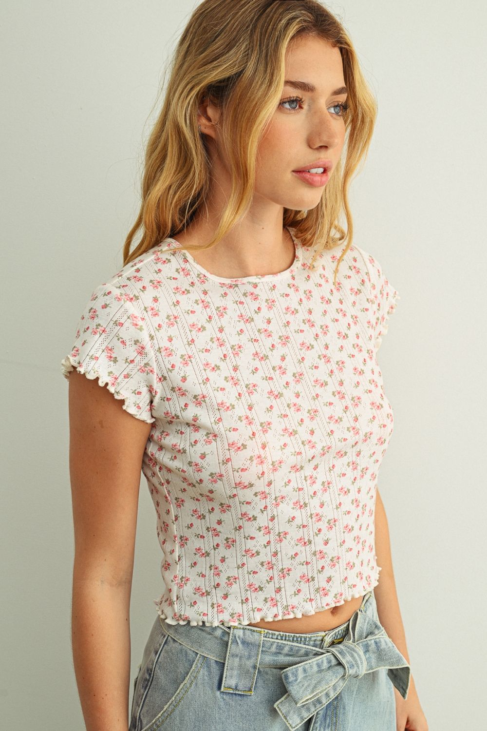 Floral Printed Short Sleeve Crop Top White