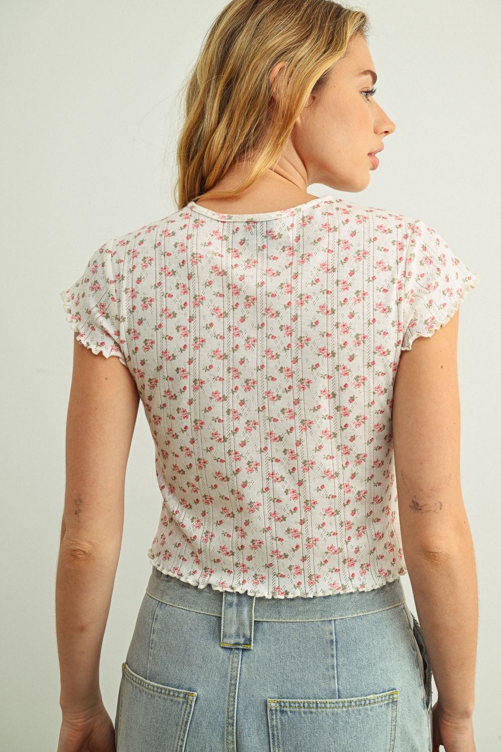 Floral Printed Short Sleeve Crop Top White