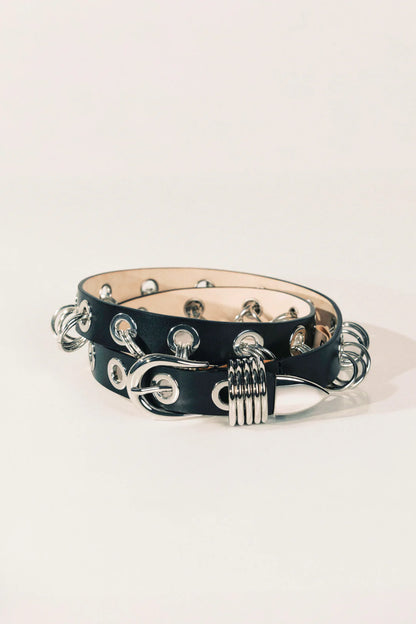Revenge Silver Rings Leather Belt Black